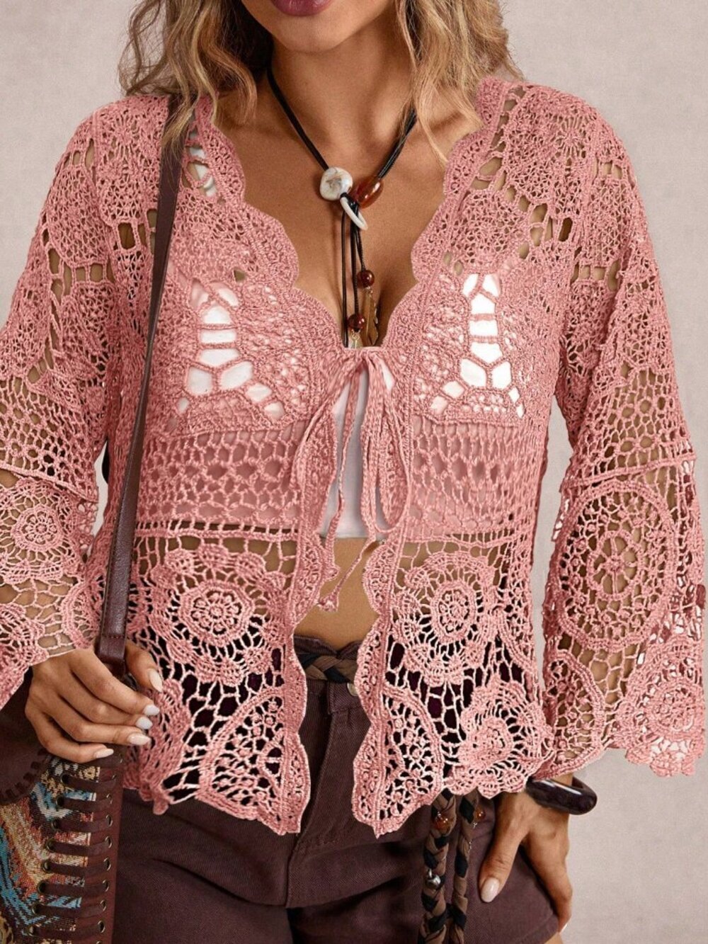 Pink Casual Women's Plus Size Long Sleeve Tie Front Knit Hollow-Out Cardigan